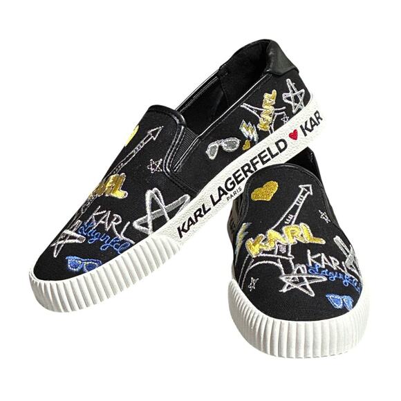 Karl Lagerfeld Embroidered Slip-On Shoes - Graffiti Print, Size 8.5 - Picture 3 of 7
